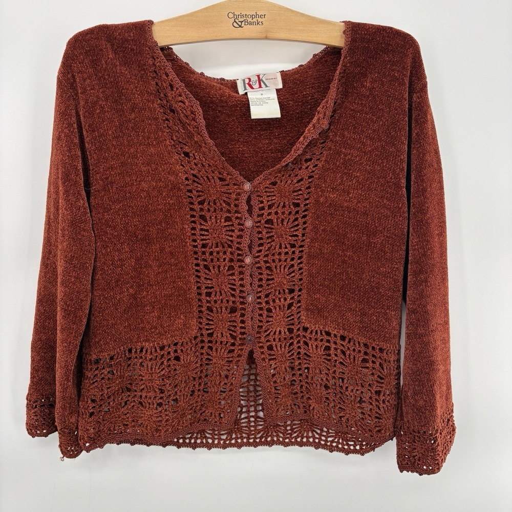 Vtg R&K Originals Red Chenille Cardigan Intricate‎ Crochet Detail Size 8